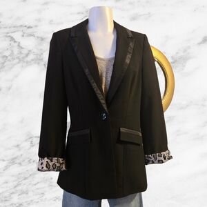 GUESS Jeans Black Tuxedo Blazer Satin Trim Leopard Lined - Size Small